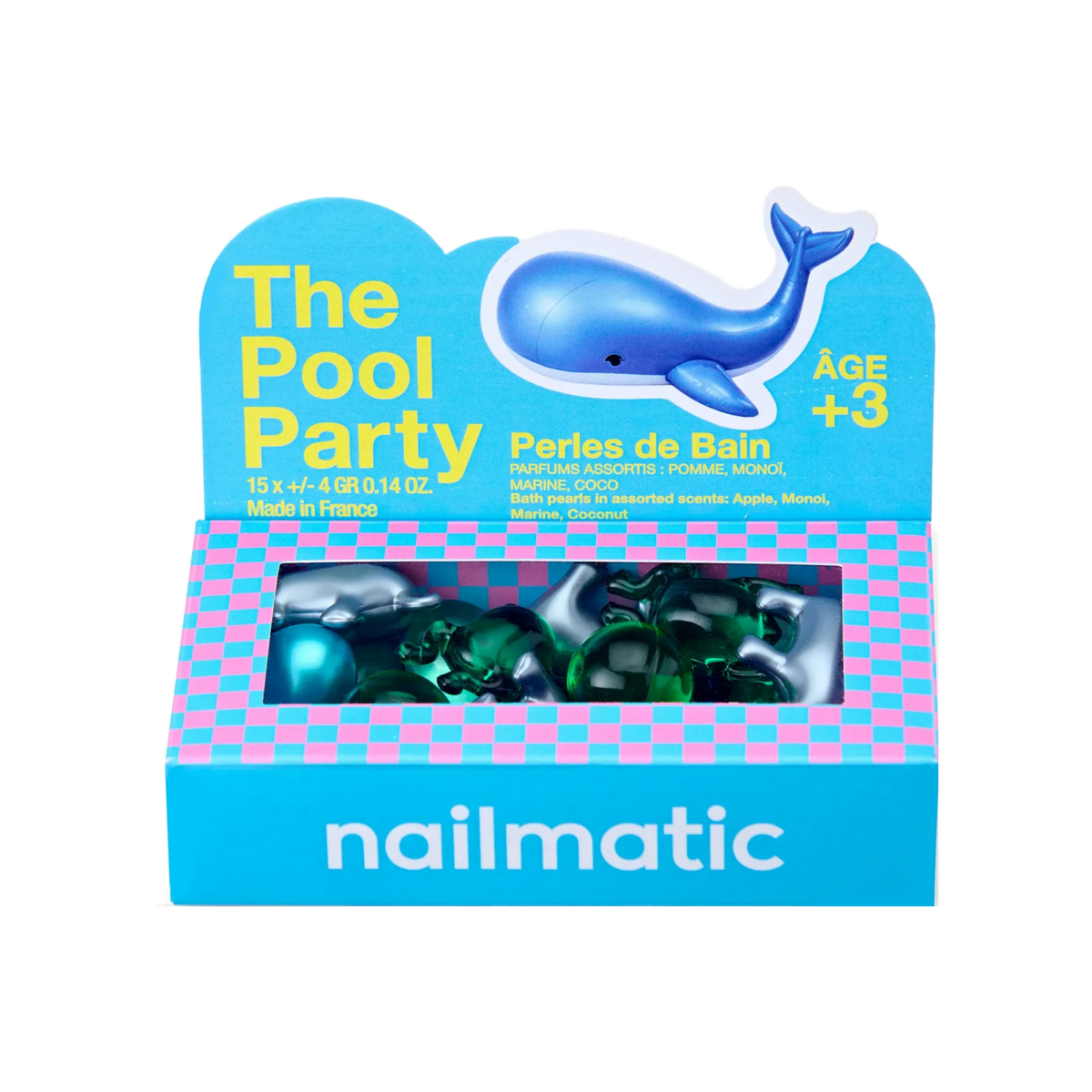Envase azul con ballena, perlas de baño Animagic