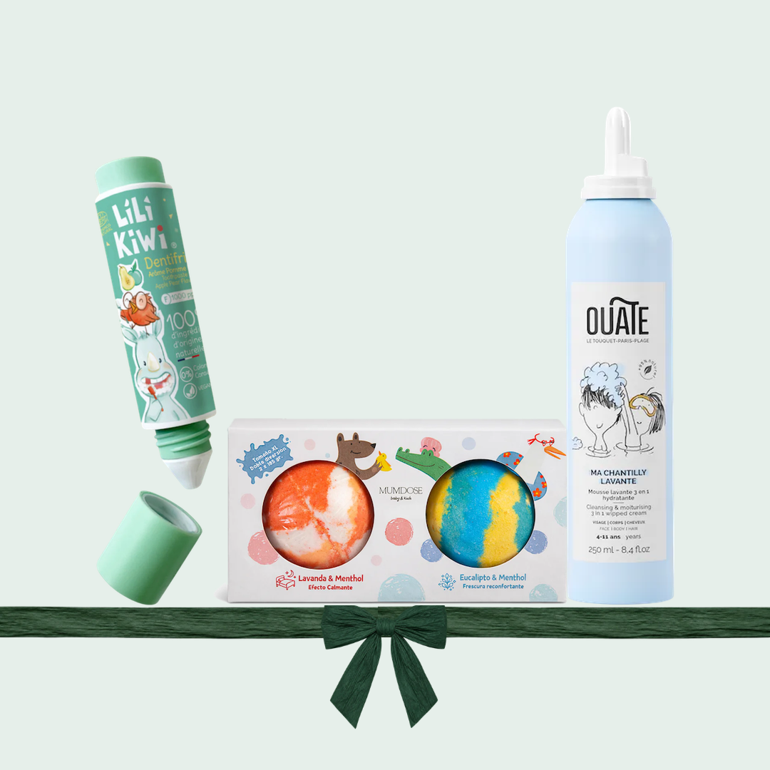 Pack baño y dientes: bombas de baño Mumdose, pasta de dientes Lilikiwi pera y manzana y Chantilly lavante Ouate